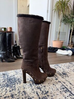 BNWT Gucci Dark Brown Suede Knee Boots with Gold Studs